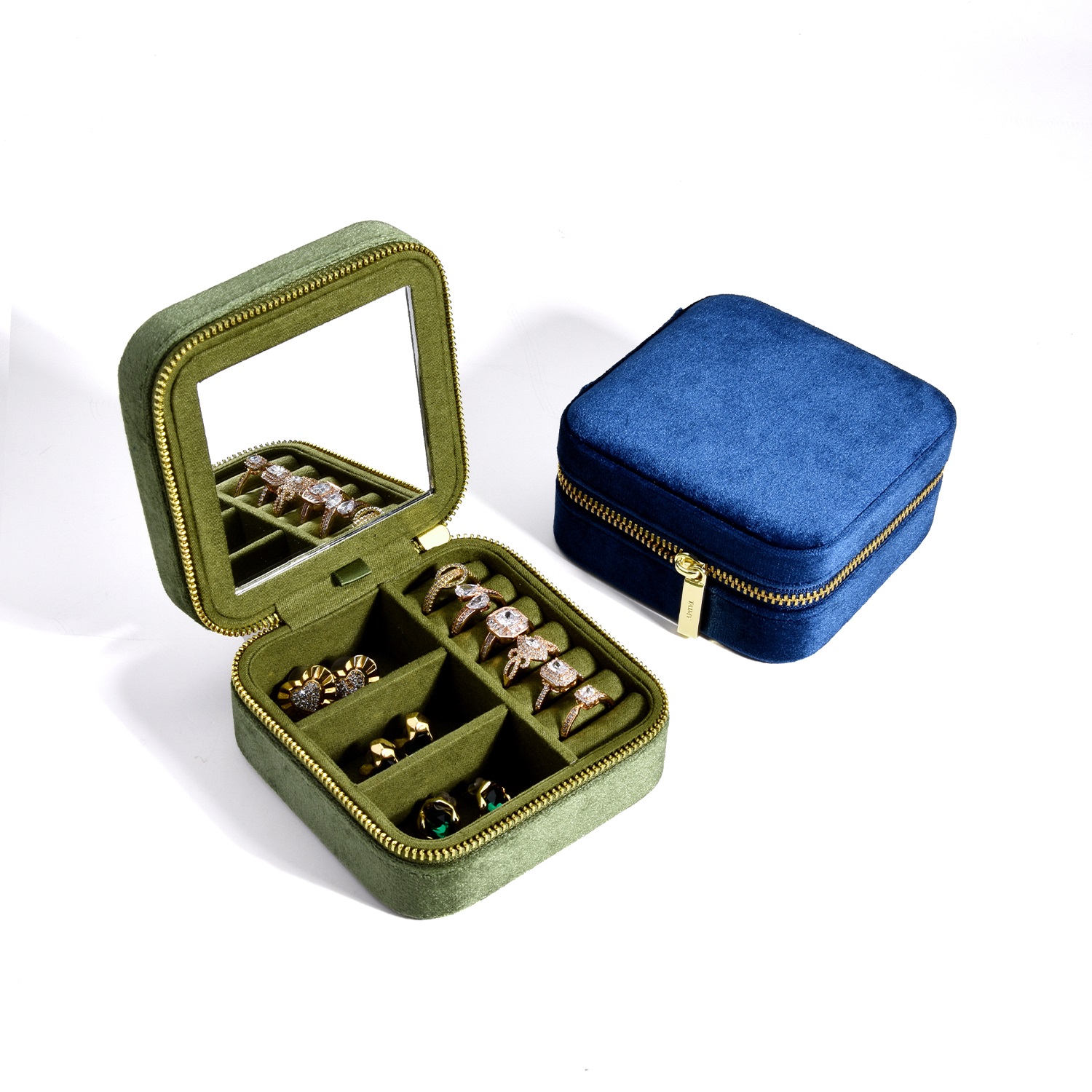 Square Vintage Green Velvet Jewelry Box With Mirror