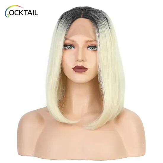 heat resistant fiber short blonde dark roots balayage synthetic lace frontal wig madame german hand tied synthetic hair wig