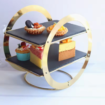 Golden Frame 2-Tier Slate Dessert Display Platter