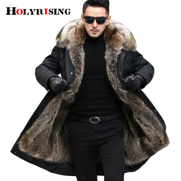 Holyrising Winter men's long coat with big fur collar thick parka Fake raccoon fur Jacket Men Fur Parka warm coat fit Russia