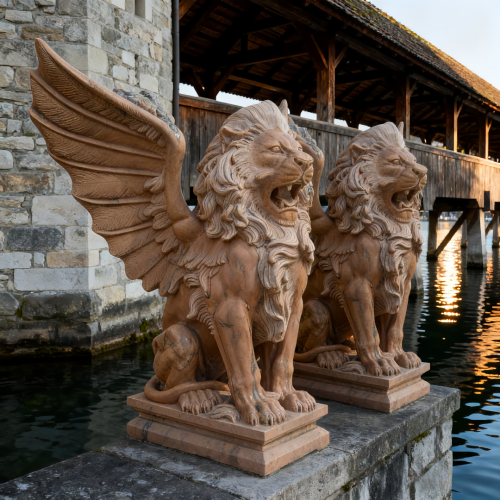 Estátua de mármore de leão alado esculpida à mão