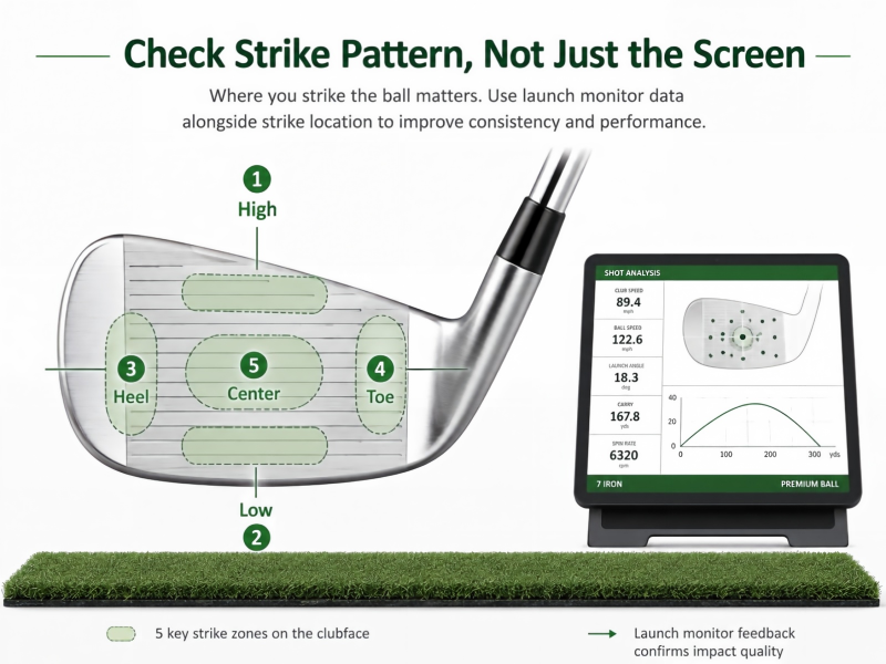 Golf iron clubface strike location zones for launch monitor practice