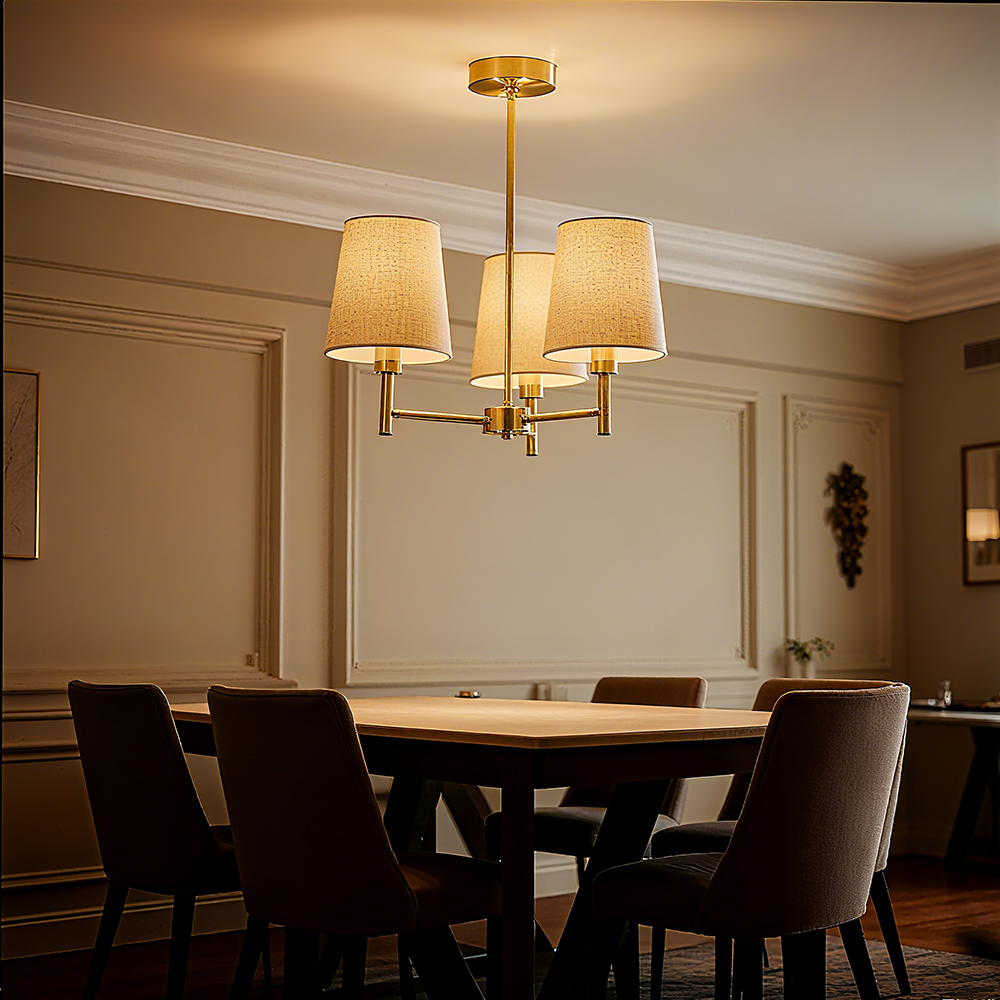 3 Arm Brushed Gold Chandelier Ceiling Light with White Shades (5)