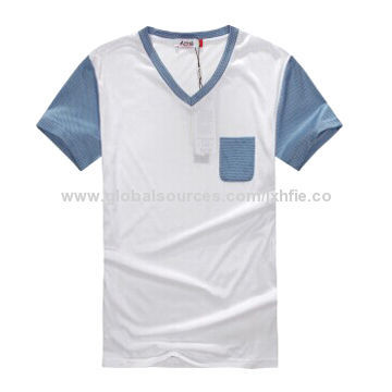 Men's V-neck T-shirt, Made of 100% Cotton Jersey, OEM Orders are Welcome, Comfortable to Wear
