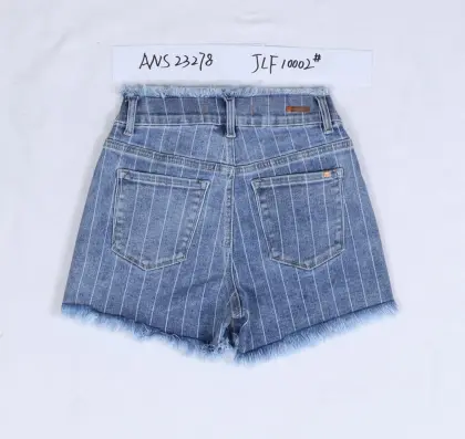 High-waisted Striped Frayed Denim Shorts