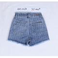 High-waisted Striped Frayed Denim Shorts