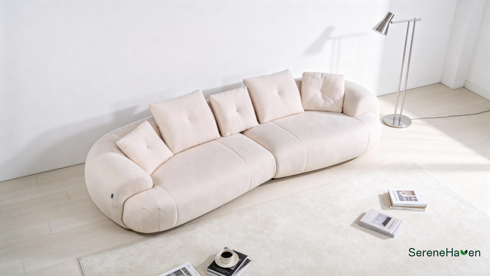 SereneHaven CloudWrap Curved Linen/Leather Sofa: Premium stain-resistant living room furniture with solid wood frame, 60D high-resilience foam filling