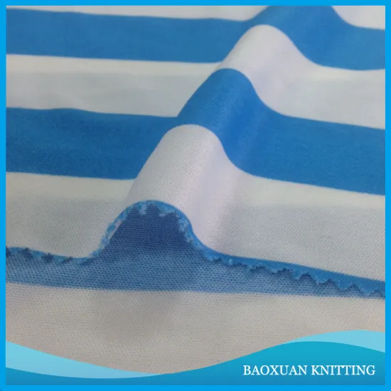 100% Polyester stripes blue and white interlock knitted fabric printed for sportswear
