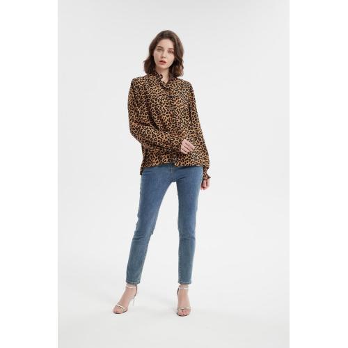 Long sleeve ruffle collar animal print blouse