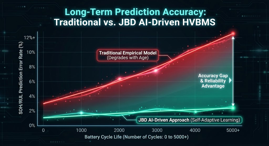 Graph illustrating SOH prediction error rates over battery cycle life: JBD AI-driven high-voltage BMS maintains significantly lower error (<3%) compared to degrading traditional models (>12%) over long-term usage.