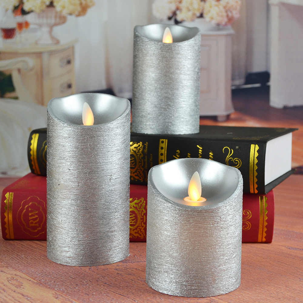 Silver Flickering Dancing Flame Led Flameless Pillar Candles