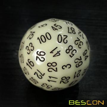 Bescon Glow in Dark Polyhedral Dados de 100 lados Luminoso amarillo, dados luminosos D100, cubo de 100 lados, dados de juego Glow-in-Dark D100