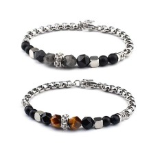 Fashion Charm de 8 mm Pulseras de piedra de piedra de acero inoxidable Cadena de brazaletes Gemone Gemstone Joyería macho de yoga