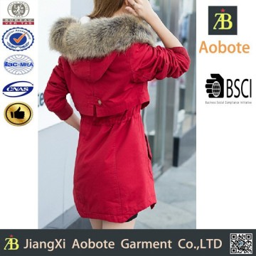 2015 New Fashion Long Waist Collect 100% Polyester Women Padded Jacket With Hoody