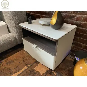 Saddle Leather Bedside Table with Marble Top
