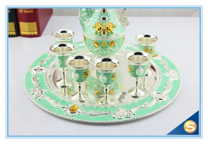 Handmade Enamel Rose Design Metal Antique Royal Wine Set Handicraft Wedding Set