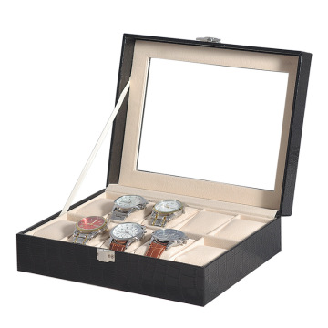 Boîte d'emballage de montre 10 bits avec affichage en verre transparent, caractéristique de puits de lumière et conception de motifs de crocodile