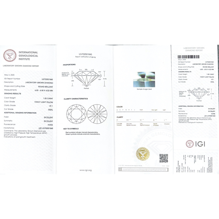 แหวนเพชรแฟนซีสีเหลืองอ่อน 1.05CT VS1 2EX Lab Grown