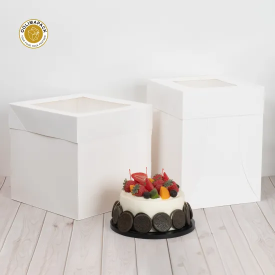 OOLIMAPACK Square Cardboard Cake Box with Window - Disposable Takeaway White Cake Box
