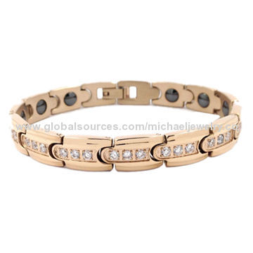 Magnetic Stainless Steel Bracelets with 36pcs of CZ Stones and Plating IP Rose Gold