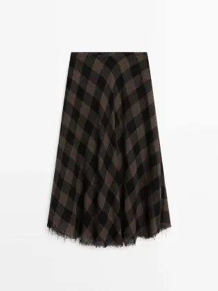 Women's French-style mature-casual full-wool checkered tweed midi skirt