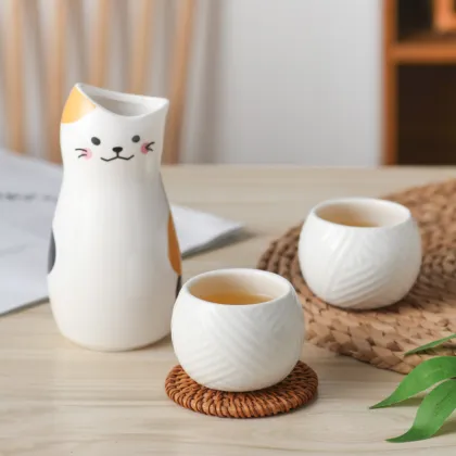 Elegant Japanese Sake Set with Cute Cat