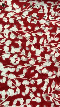 Red Cloth With White Flowers Cotton Embroider Fabric