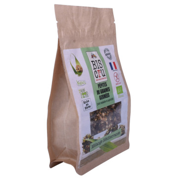 Compostable chocolate snack packaging with sticker