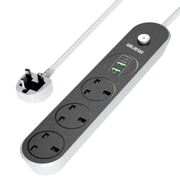 UK Type Power Strip with 3 Outlets and 2 USB Ports (PD and QC 3.0 Fast Charging)