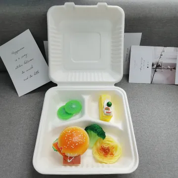 Disposable Compostable Bagasse 9'' 3 compartment Clamshell