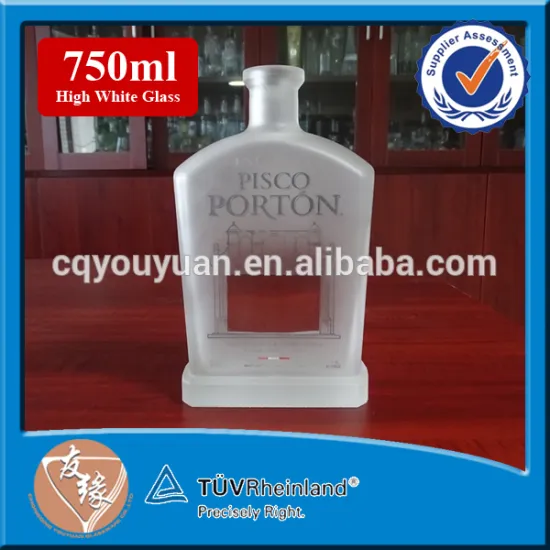 Brand name spirit liquor square shaped unique window design frosted 750ml glass bottle for pisco