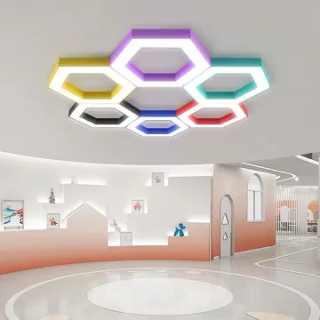 Custom Hollow Hexagonal LED Pendant Light - Macaron Hexagon Hanging Lamp for Amusement Parks