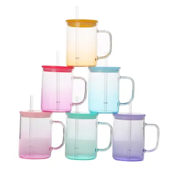 17oz Colorful Jelly Candy Glass Beer Can Sublimation Water Mug with Handle and Plastic Lid - High Borosilicate Camper Mug