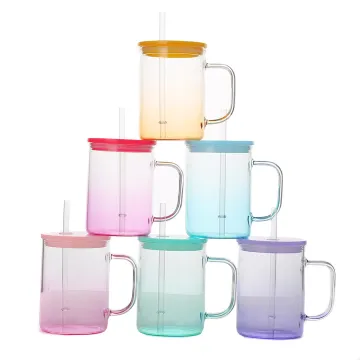 17oz Colorful Jelly Candy Glass Beer Can Sublimation Water Mug with Handle and Plastic Lid - High Borosilicate Camper Mug