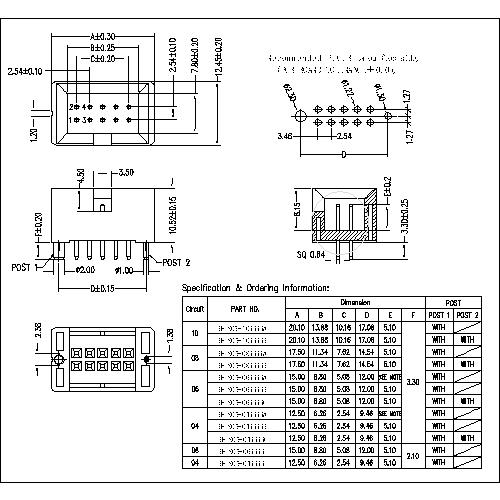 BHDS07 2.54mm Box header 180° H=10.52mm with Post