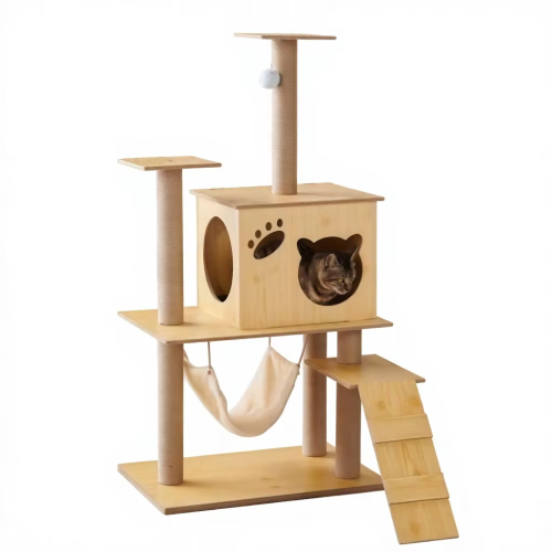 Modern Durable Luxury Cat Scratcher Tower Wooden Indoor Climbing Frame Multi Tier Lounge Condo Interactive Toy Center Carton