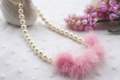 Cute Candy Color Pom Pom Pearl Ribbon Knot Necklace For kids