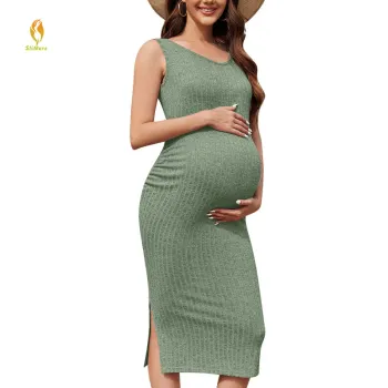 Maternity Rib Knit Sleeveless Tank Side Slit Bodycon Dress