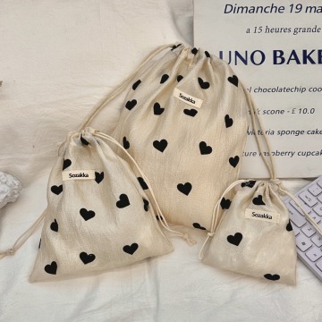 Lady Fashion Heart Reusable Drawstring Canvas Makeup Bag