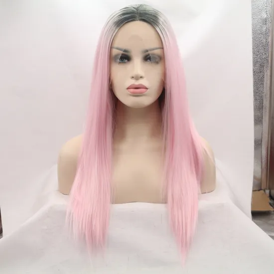 Vigorous pink ombre long straight premium high quality wholesale black women synthetic hair wigs with lace front