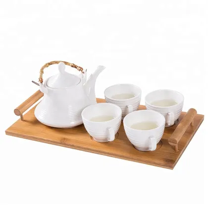 White Porcelain Tea Cup and Saucer Set with Tray