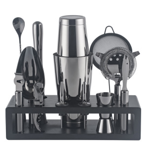 Factory Direct Wholesale black silver color 201/304 stainless steel wine bartending set with holder home wine bar set