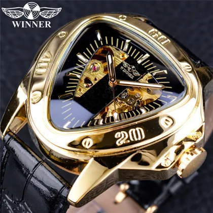 SLZg65 Steampunk Fashion Triangle Golden Skeleton Movement Men's Automatic Mechanical Watch: Top Brand Luxury Winner