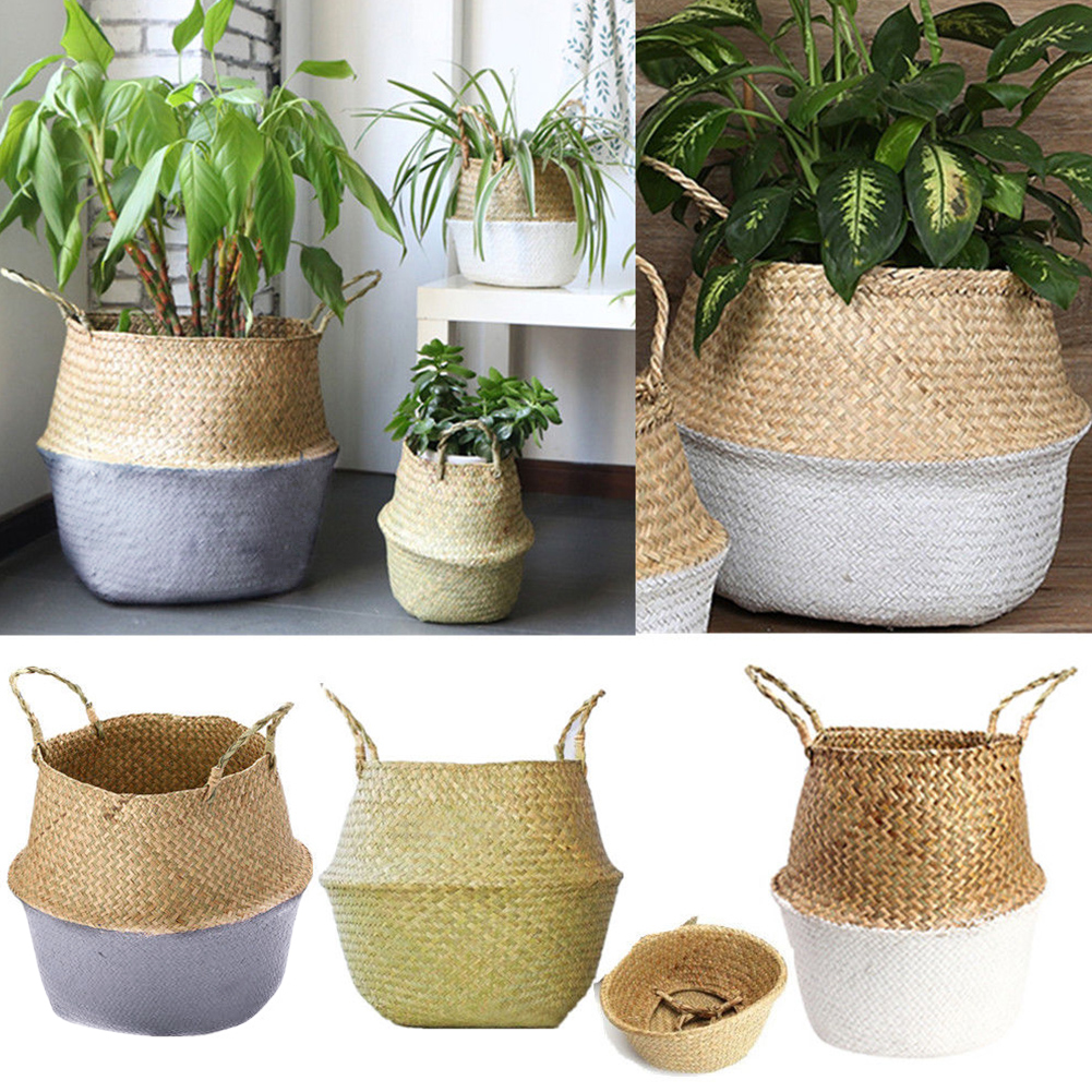 Room Decor Foldable Portable Straw Storage Plant Nursery Bag Flower Basket Succulent Pot Seagrass Gardening Supplies