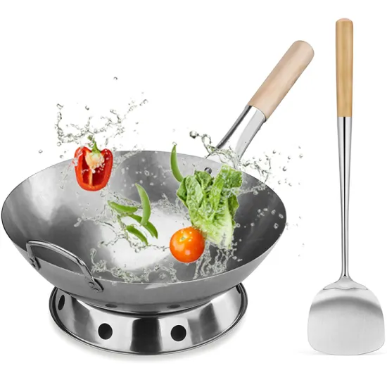 Chinese Hand Hammered Carbon Steel Woks with Wood Handle, Non-stick, No Coating