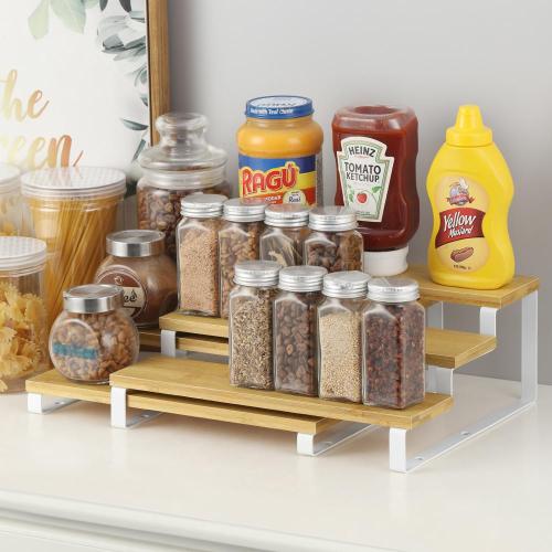 Bamboo Expandable Spice Rack 3 Tier Step Shelf