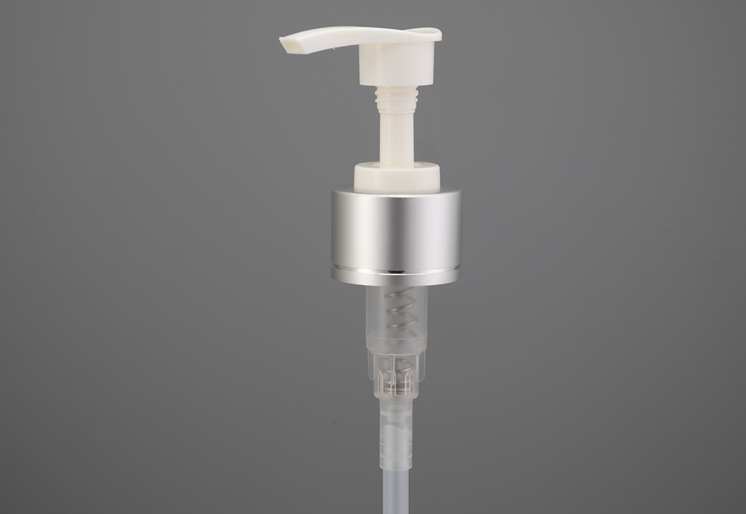 28/410 Matte Silver Up-Down Lock Lotion Pump With A Silver Rim