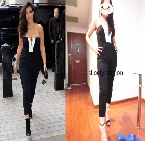 Kim Kardashian White and Black Patchwork Jumpsuit Celeb Monochrome XS-L 8016