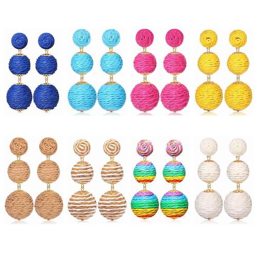 Raffia Ball Earrings Stud for Women Handmade Rattan Dangle Drop Ear Summer Beach Long Jewelry Holiday Accessory Gifts