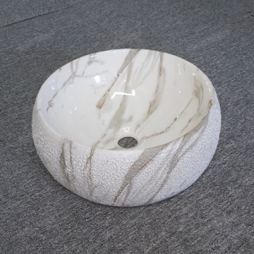 Ceramic Basin Bathroom Sink Bowl, Glazed, Round, Marble Art, WC